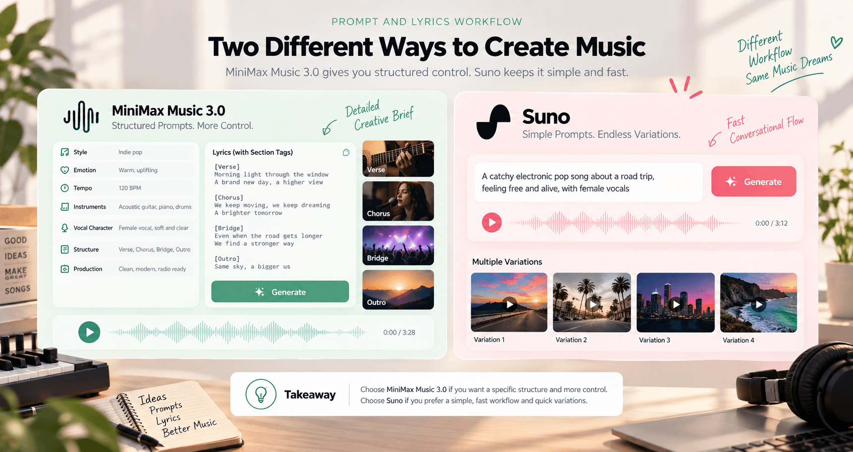 Structured MiniMax prompt and lyrics workflow compared with Suno variations