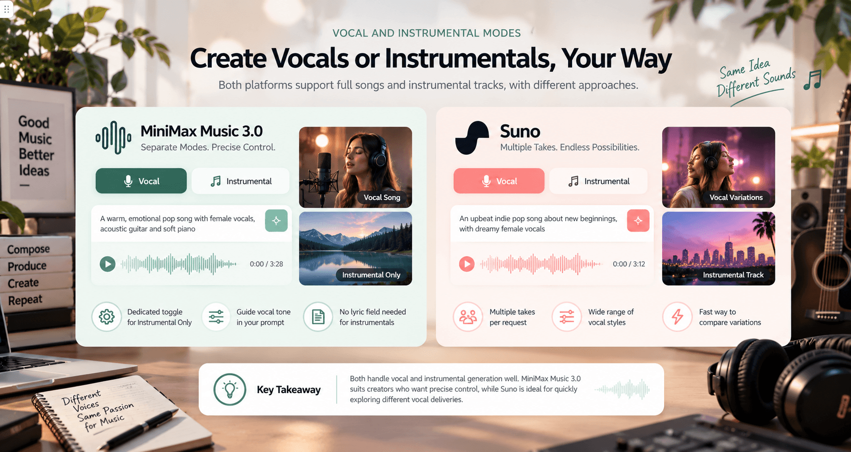 Vocal and instrumental modes in MiniMax Music 3.0 and Suno