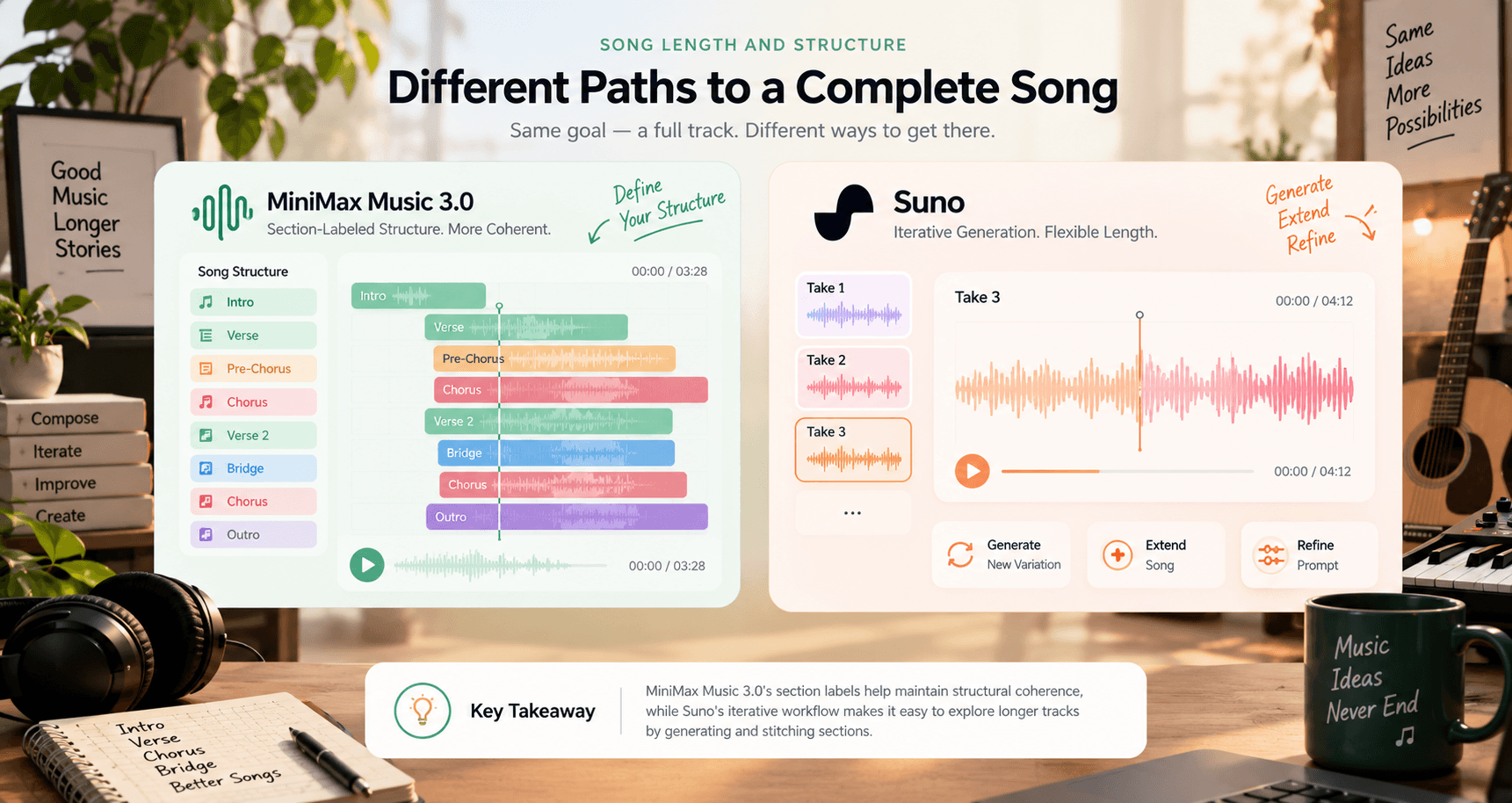 Song structure workflow compared with iterative generation