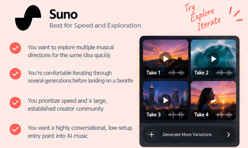 Reasons to choose Suno for speed and exploration