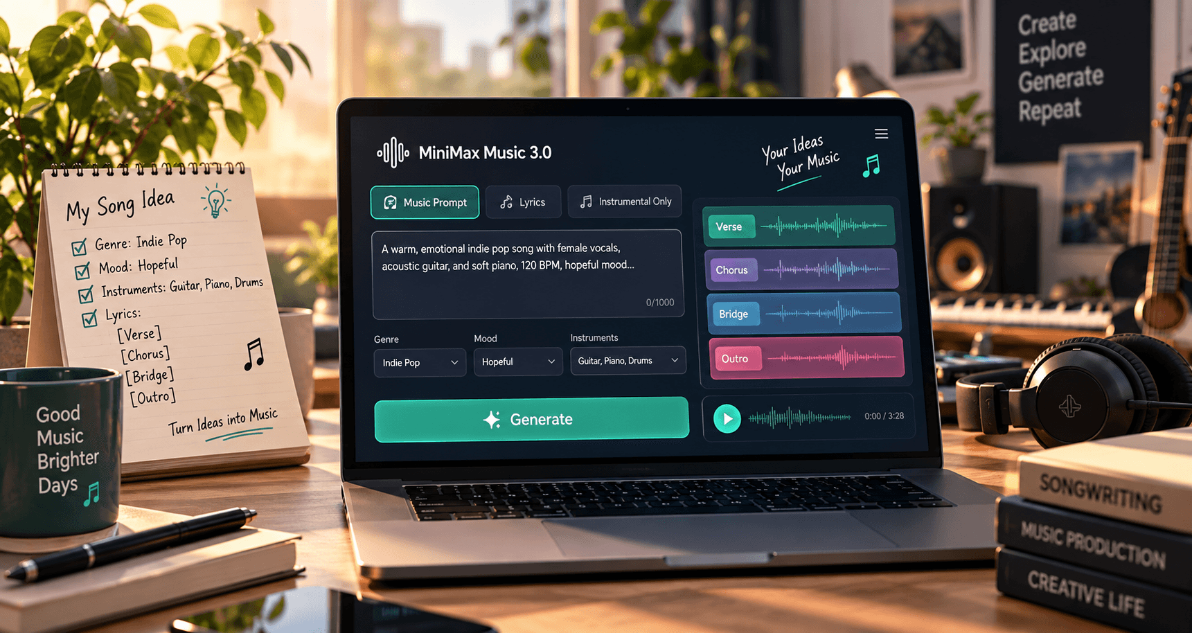 MiniMax Music 3.0 prompt-led creation workspace